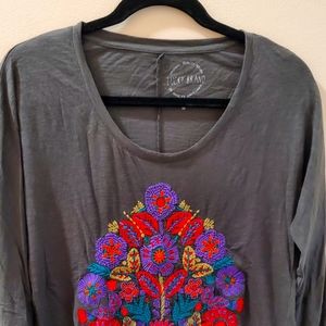 Lucky Brand Dark Gray Embroidered LS Super Soft Tee